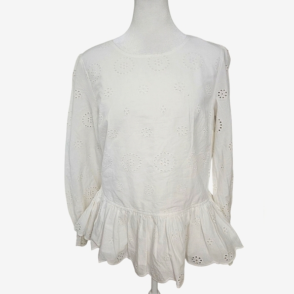 CROWN & IVY Lace Eyelet Ruffled Peplum Blouse In White. Size SP NWT - Picture 1 of 12